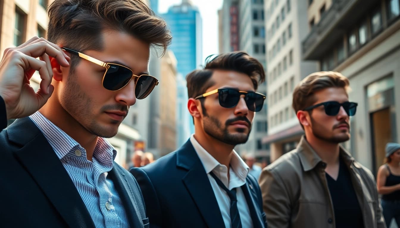 Model showcasing trendy sunglasses for men in a vibrant urban setting with stylish attire.