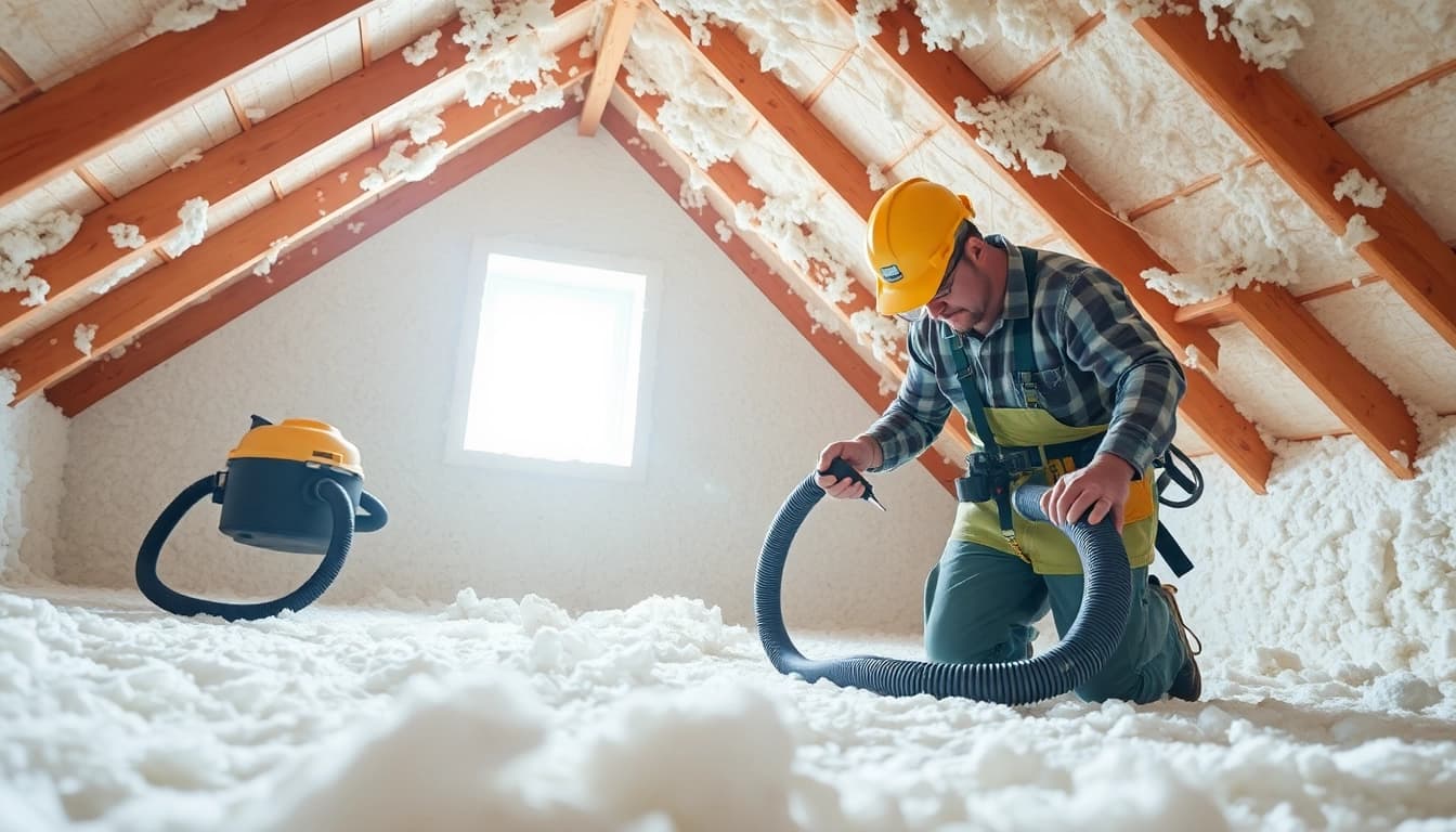 Technician performing spray foam insulation removal in an attic environment.