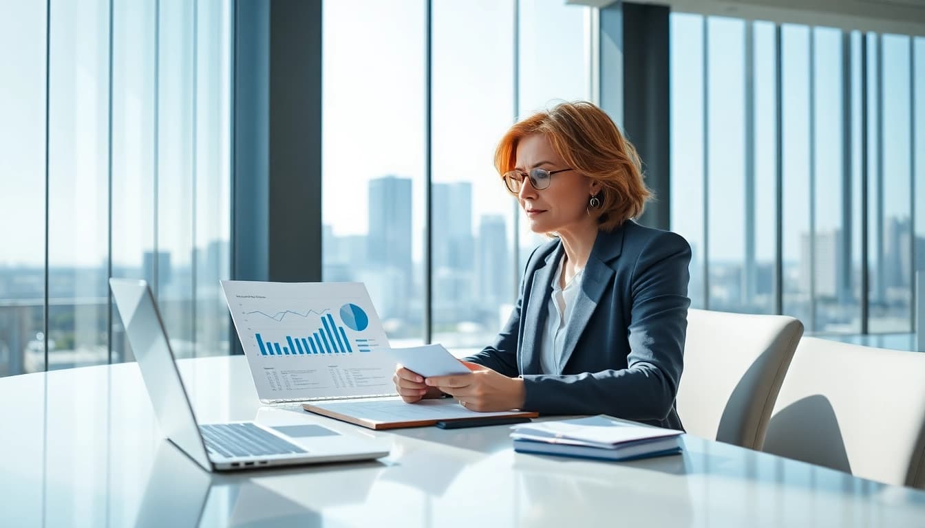 Financial consultant near me analyzing graphs and charts in a modern office setting.