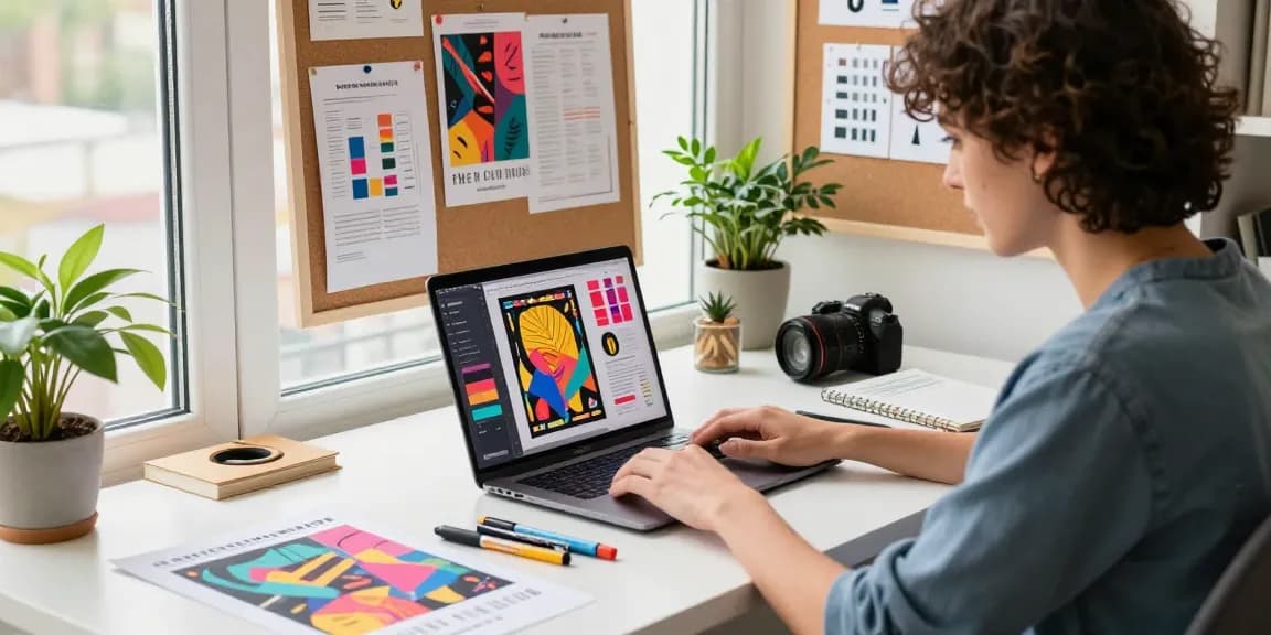 Custom poster printing workspace with vibrant designs and tools.