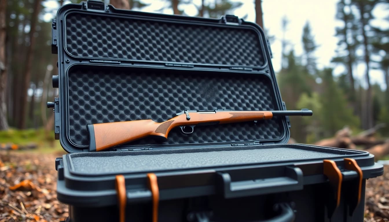 Showcasing a pelican gun case for sale with a rifle, highlighting its sturdy design and features.