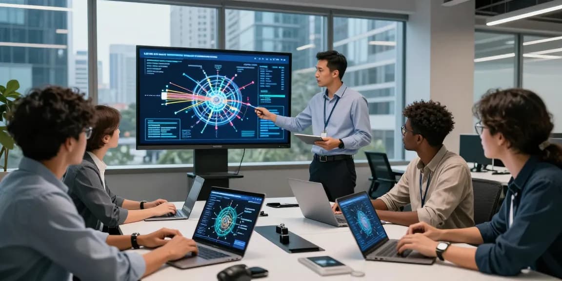 Team discussing fiber connections in a modern tech workspace.