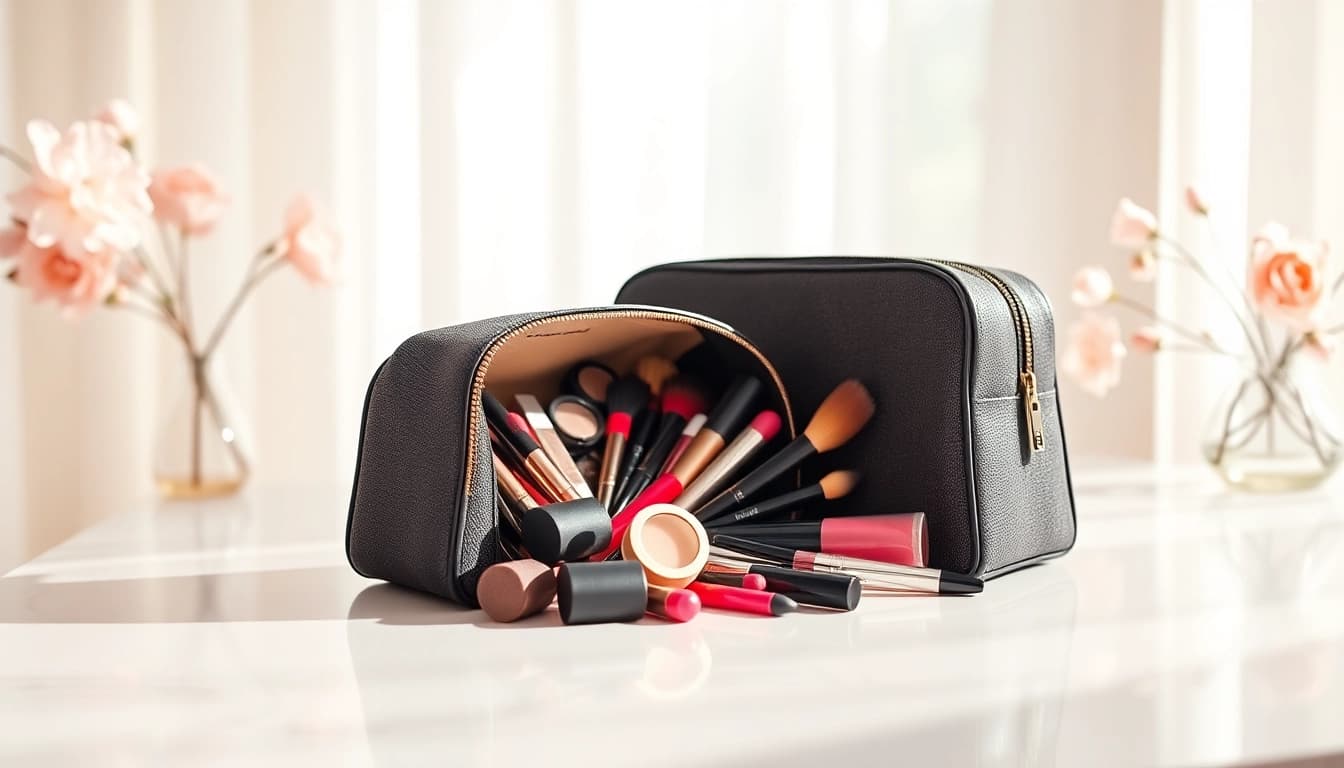 Open skone cosmetics signature makeup bag showing vibrant cosmetics on a vanity.