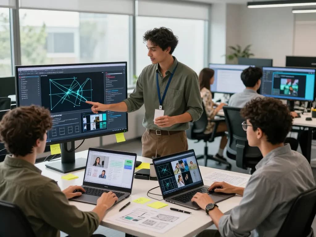 The integration of mind control in motion control AI development, showing a collaboration of diverse software developers in a modern workspace.