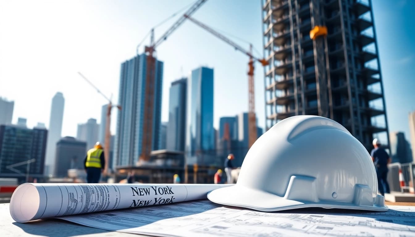 New York Construction Manager reviewing blueprints at a busy construction site.