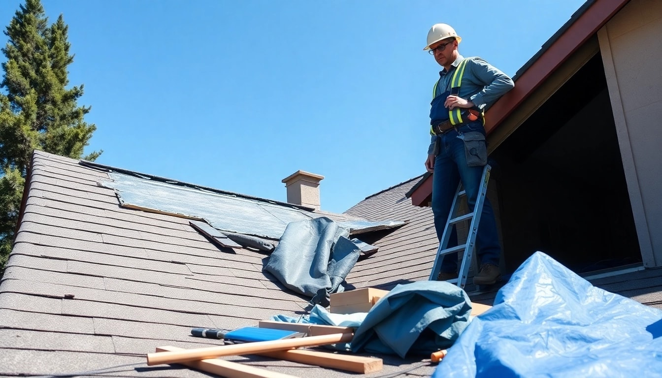 Emergency roof repair Bay Area contractor assessing damage on a suburban rooftop.