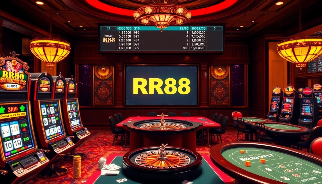 Experience the thrill of gambling at RR88 with vibrant game elements and luxurious casino visuals.