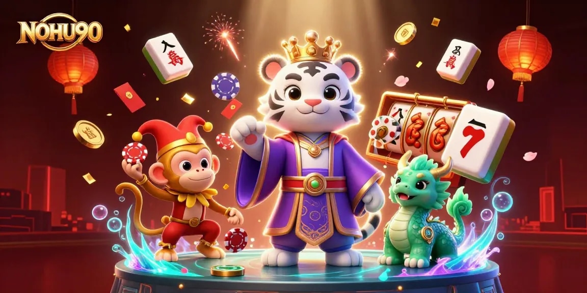 Engage with NOHU90's exciting gaming world featuring a lively scene with slots, poker chips, and fantastical characters.