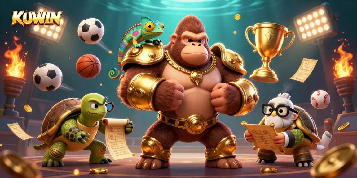 KUWIN showcases a powerful gorilla in golden armor amidst dynamic sports elements and vibrant background.