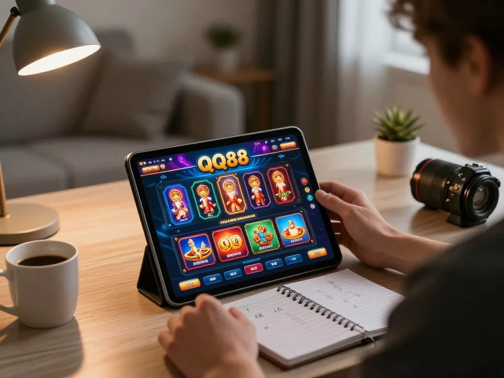 Player exploring QQ 88 online casino games on a tablet, showcasing strategic gaming environment.
