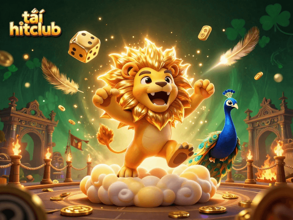 Engage and win with tải hitclub featuring a roaring lion and golden dice in a vibrant casino setting.