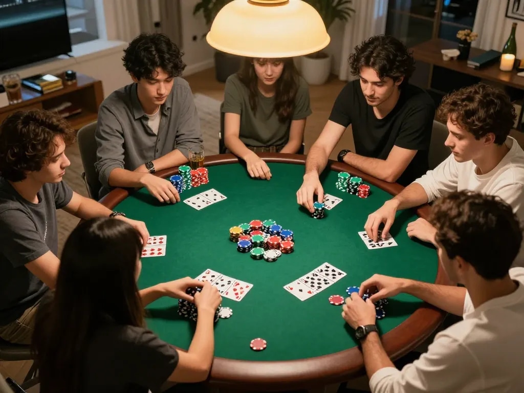 Engaged players at a home poker game with 789club chips and cards on the table.