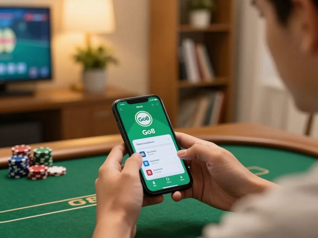 Player accessing go8 đăng nhập through a smartphone for a thrilling online poker experience.