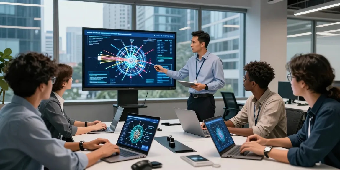 Team discussing fiber connections in a modern tech workspace.