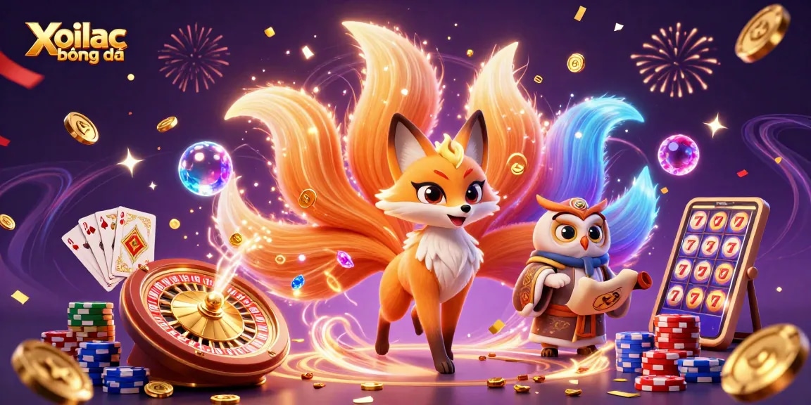 Xoilac bóng đá showcases a vibrant scene with a nine-tailed fox spirit, owl sage, and dynamic casino elements.