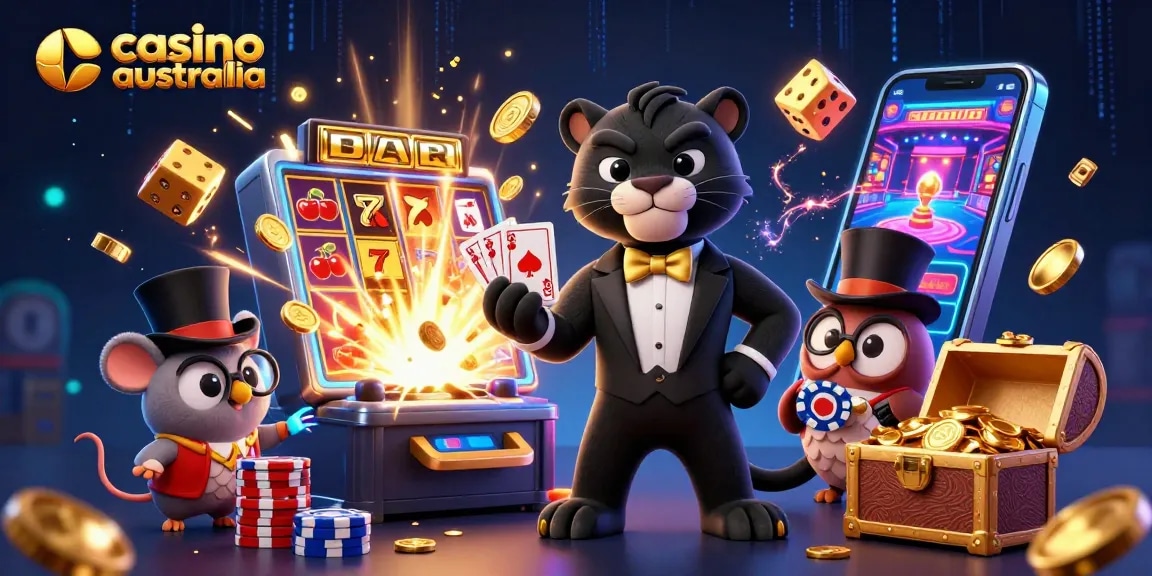 Engaging 3D scene showcasing casino australia with stylish animals celebrating near a jackpot explosion.