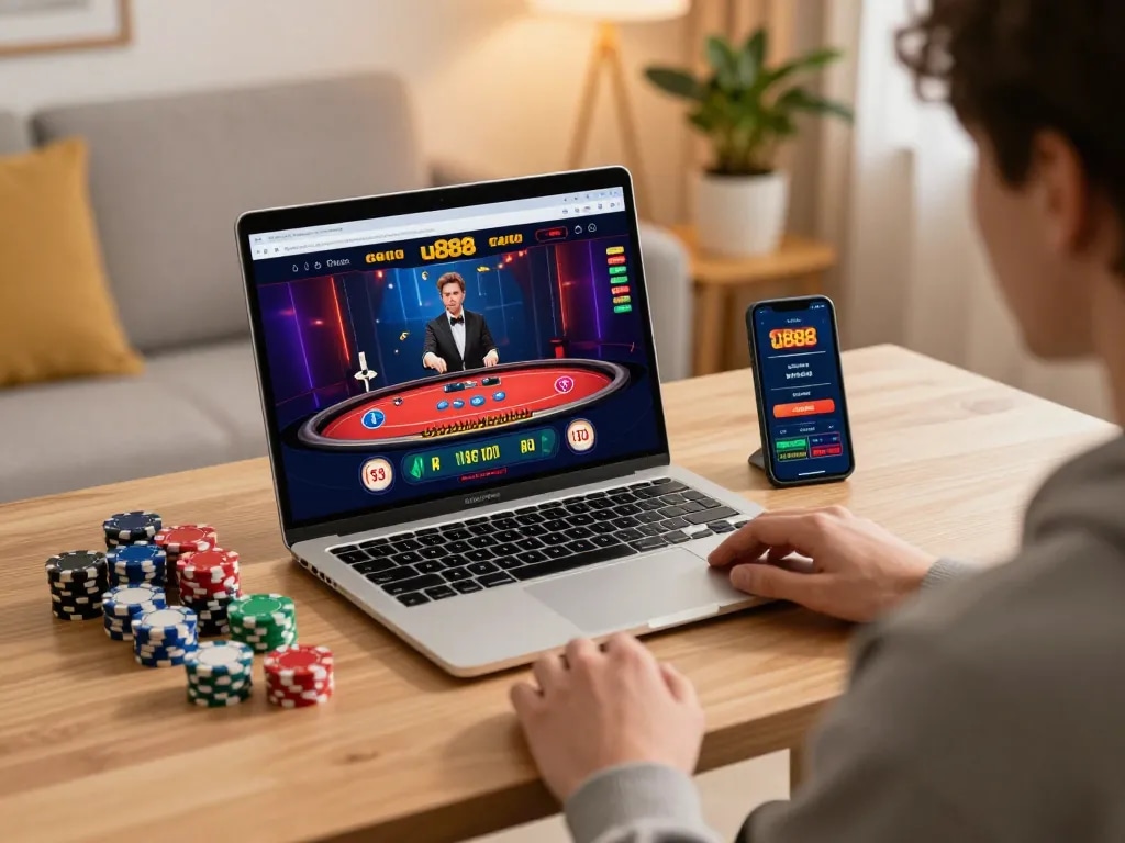 Engaging online gaming scene with u888 casino interface displayed on laptop, highlighting interactive gameplay.