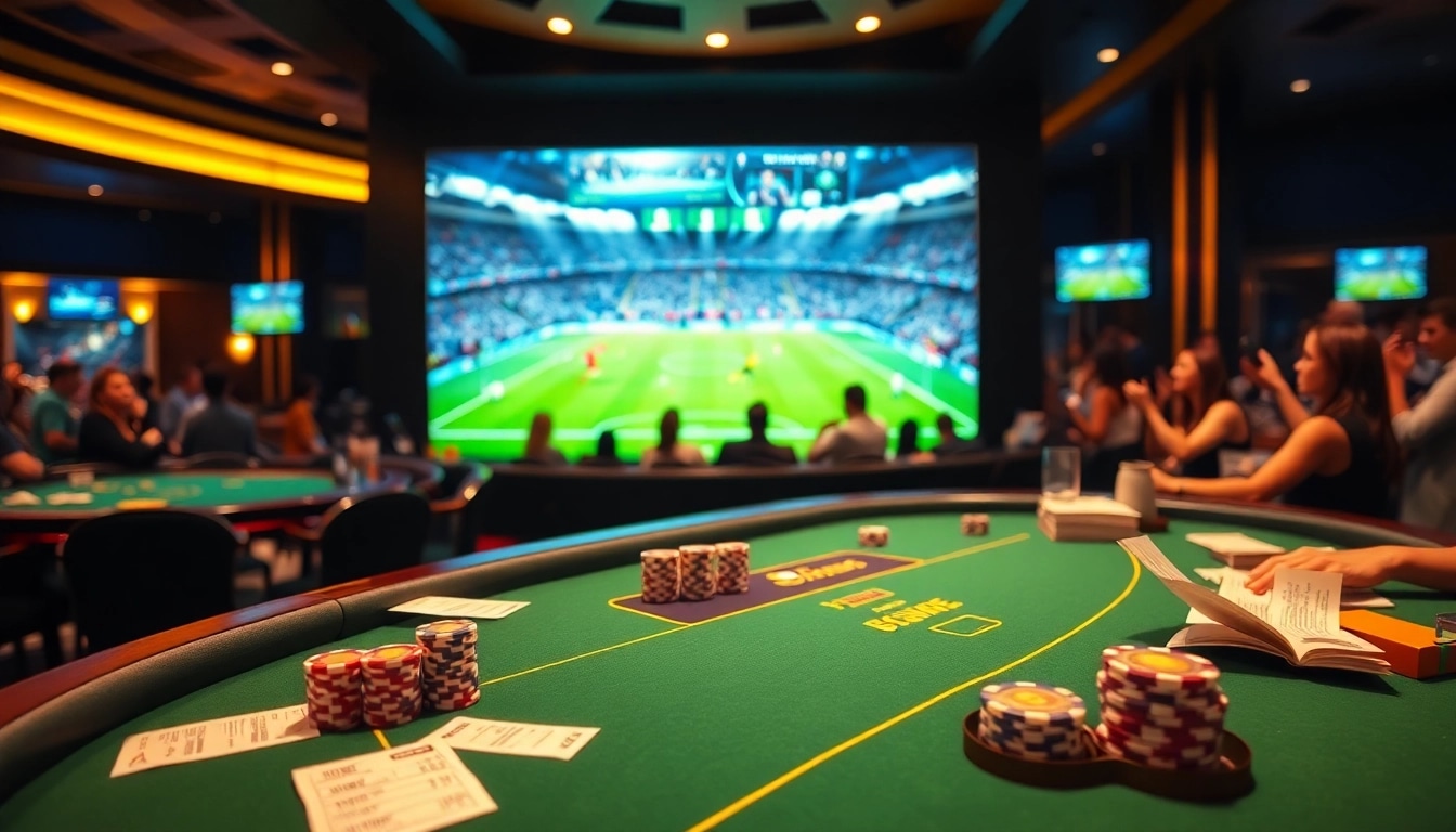 Enjoy bóng đá trực tiếp action while betting at an elegant casino sports lounge with vibrant atmosphere.
