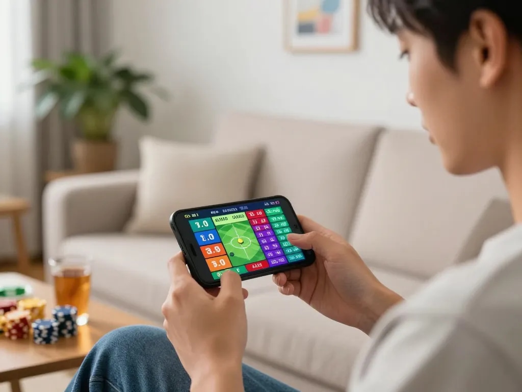 Person places bets on TR88 sports with smartphone in a cozy setting, showcasing live odds and engagement.