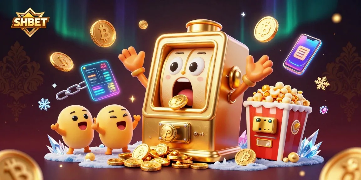 SHBET showcases a vibrant 3D casino scene featuring a golden jackpot slot machine amidst cheerful baby slot machines and cryptocurrency elements.