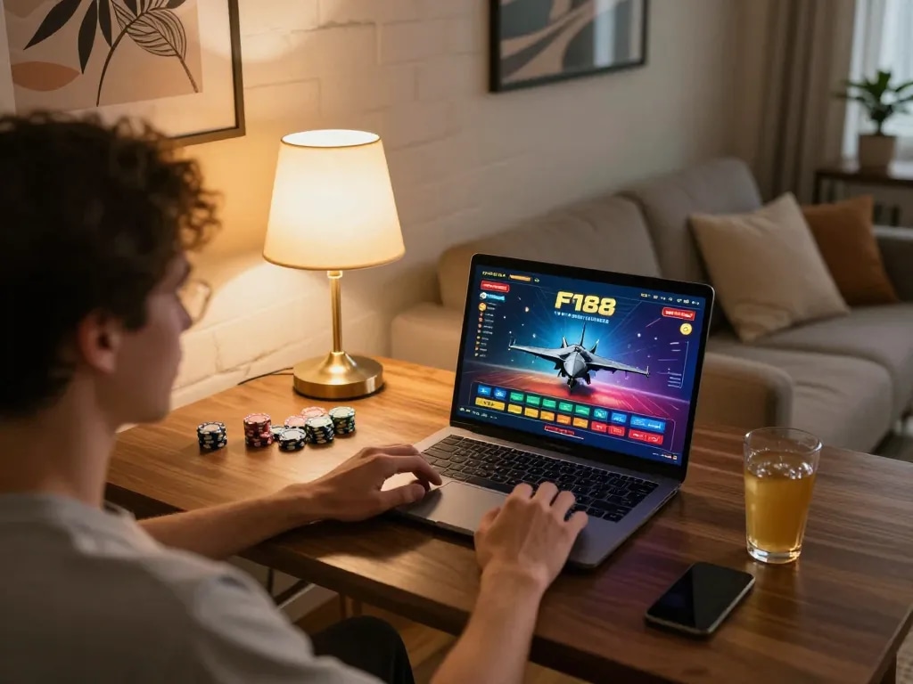 Engaged player exploring F168 casino games on laptop in stylish home setting