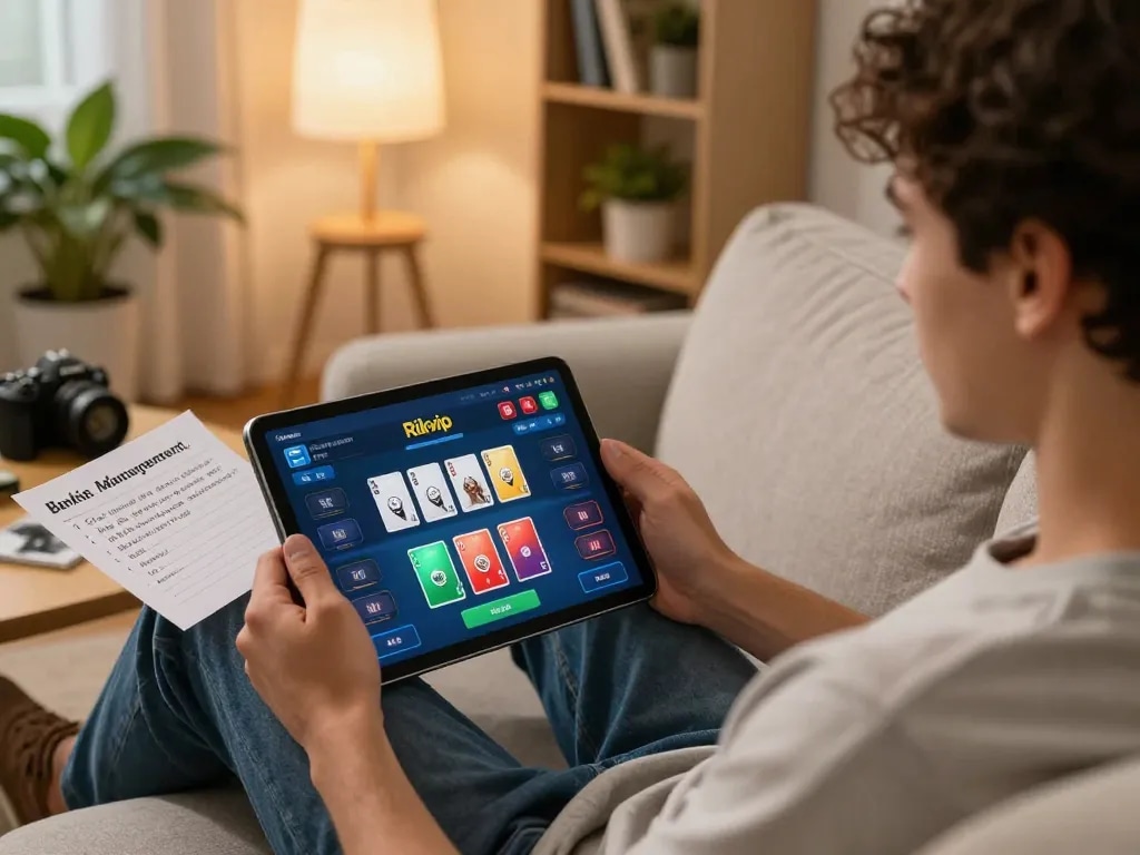 Engaged player using Rikvip platform on a tablet for online casino gaming in a cozy home environment