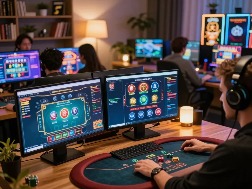 Player engaging in strategic online casino games on a modern computer setup with Sunwin displays.