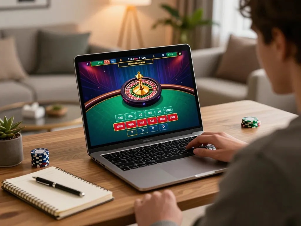 Engaging in live dealer games on laptop, showcasing f8beta2's online gambling experience.