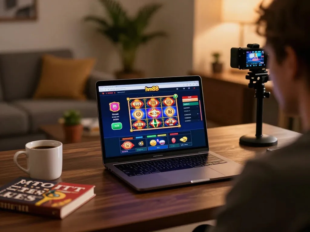Player engaging with hm88 casino games on laptop at home, cozy atmosphere with coffee nearby
