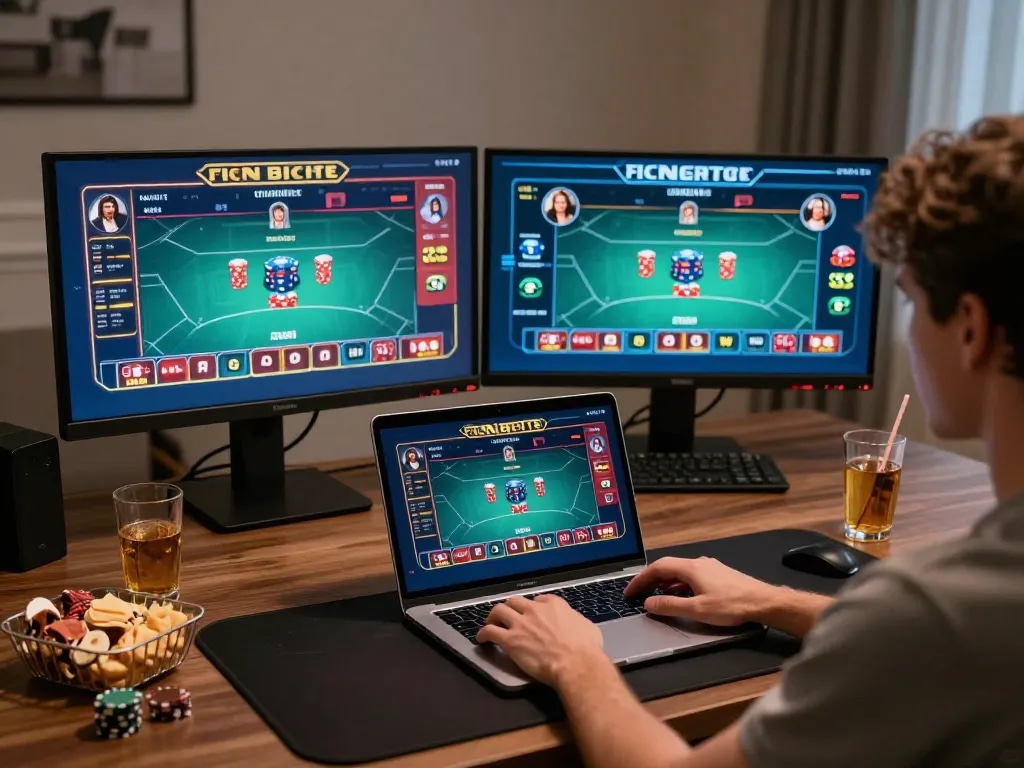 IDN Poker Dominobet setup with player focused on strategic gameplay in a stylish home office.