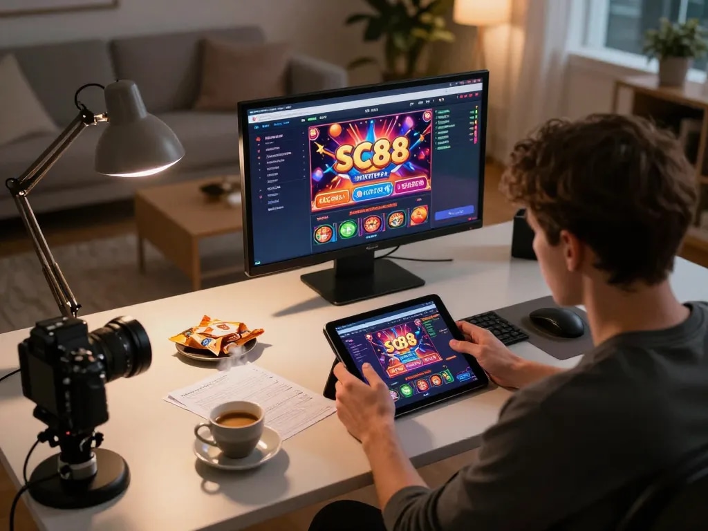 Player engaging with the SC88 online casino app on a tablet in a cozy home setting, focusing on strategy and gameplay.