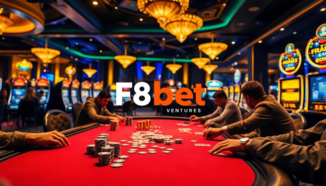 Experience thrilling gameplay at F8bet ventures, featuring an exciting poker scene with players and casino elements.