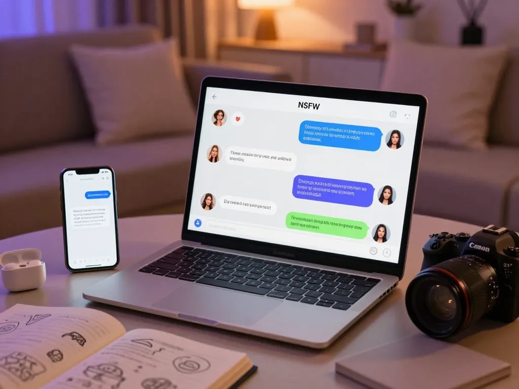 Engaging AI NSFW chat scene showcasing vibrant dialogues on a laptop amid an intimate setting.