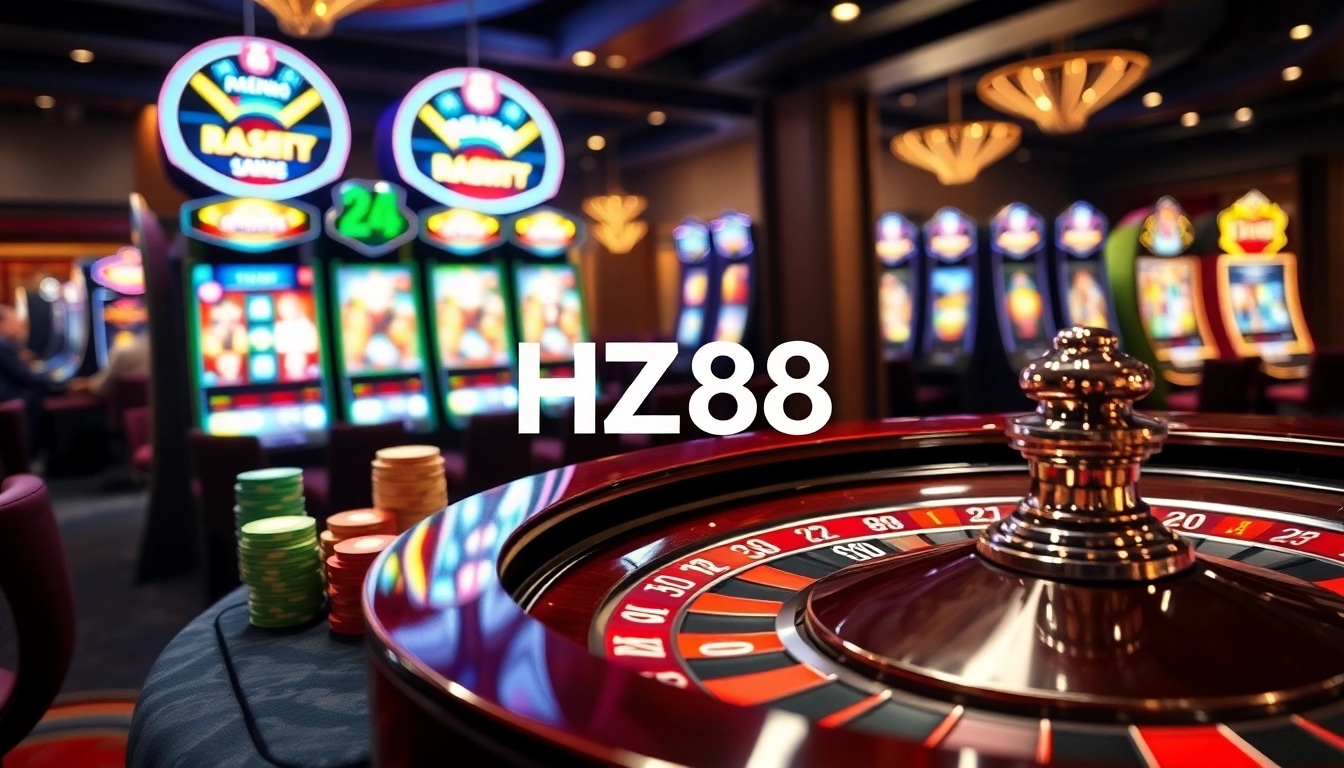 Engaging casino scene at HZ88 featuring roulette, poker, and vibrant slot machines.