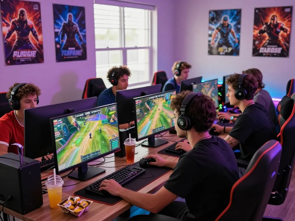 Exciting gaming atmosphere with diverse players engaged in go999 sports, showcasing vibrant graphics and LED lights.