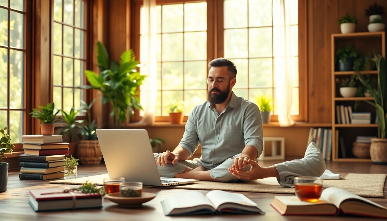 Engaging Ayurveda online courses session with herbs, books, and a laptop in a sunlit setting.