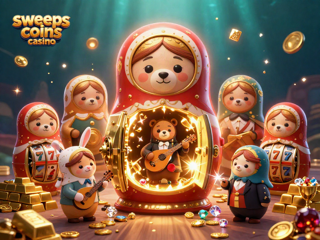 Engage with the sweeps coins casino scene featuring vibrant bears, treasures, and a joyful musical rabbit.