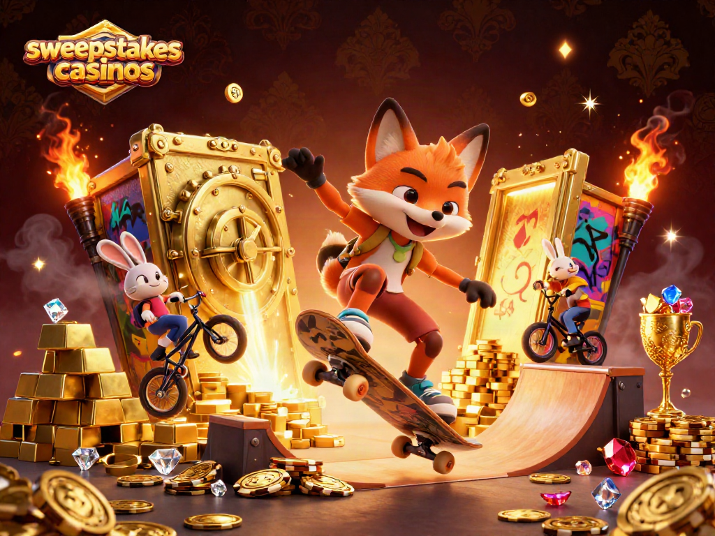 Experience the thrill of sweepstakes casinos in this vibrant 3D illustration featuring dynamic characters.