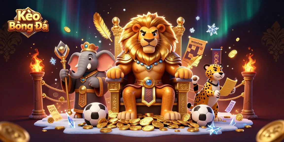 Kèo Bóng Đá showcases an action scene featuring a lion king, elephant, and cheetah amidst bets and trophies.