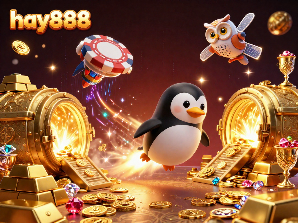 Experience the thrill of hay888 with a golden penguin blasting toward a casino space station.