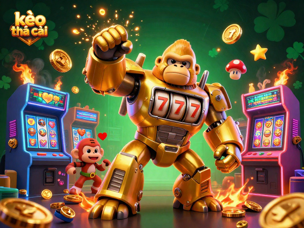 Bet on kèo nhà cái with an energetic 3D illustration showcasing vibrant casino elements and characters.