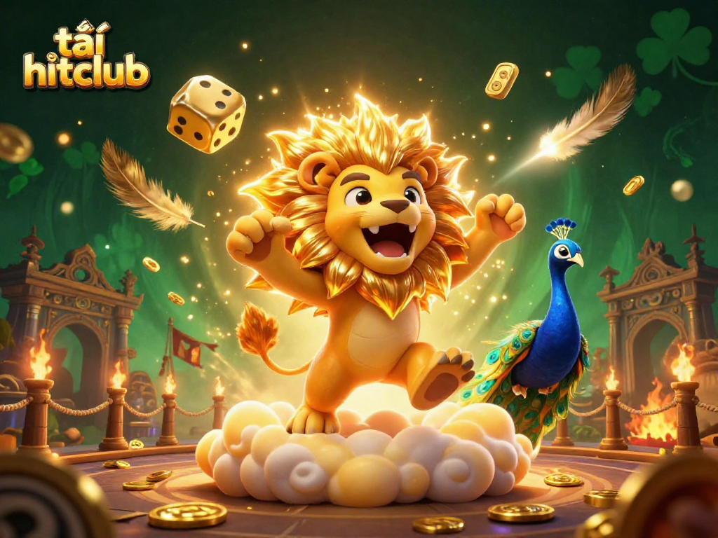 Engage and win with tải hitclub featuring a roaring lion and golden dice in a vibrant casino setting.