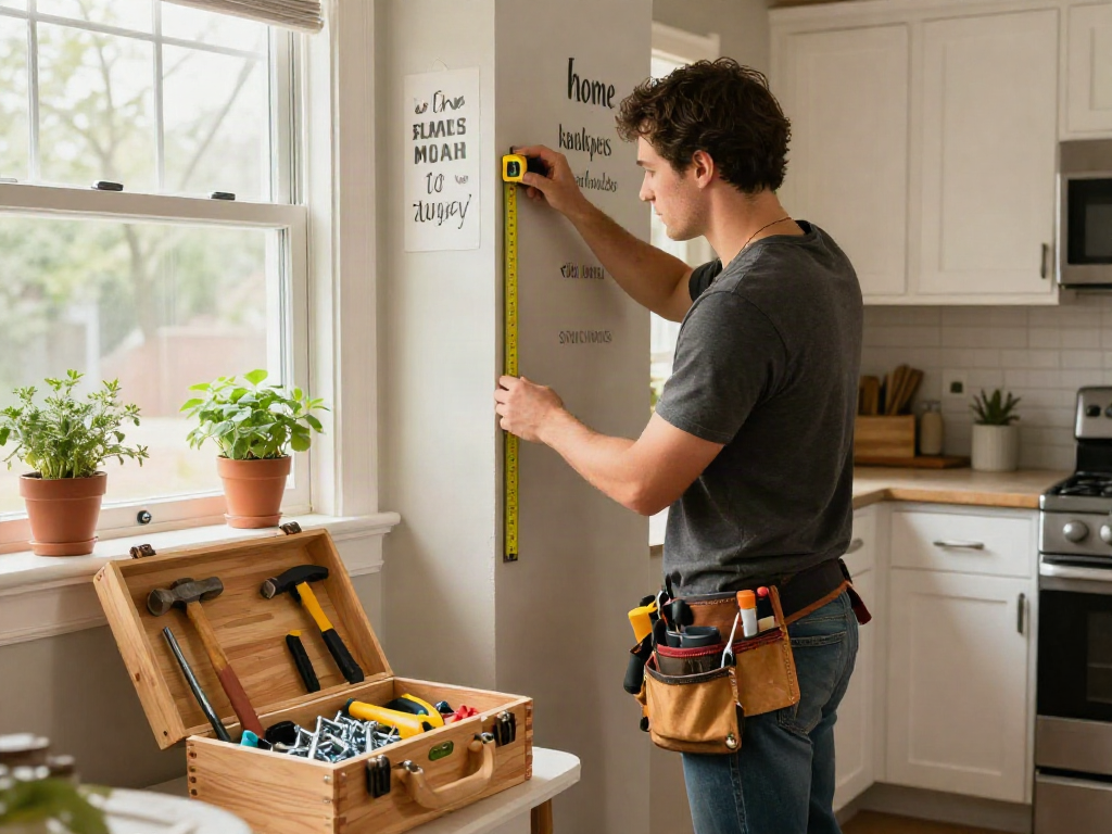 Expert home repair services Des Moines Iowa showcased by a handyman measuring a kitchen wall with tools.