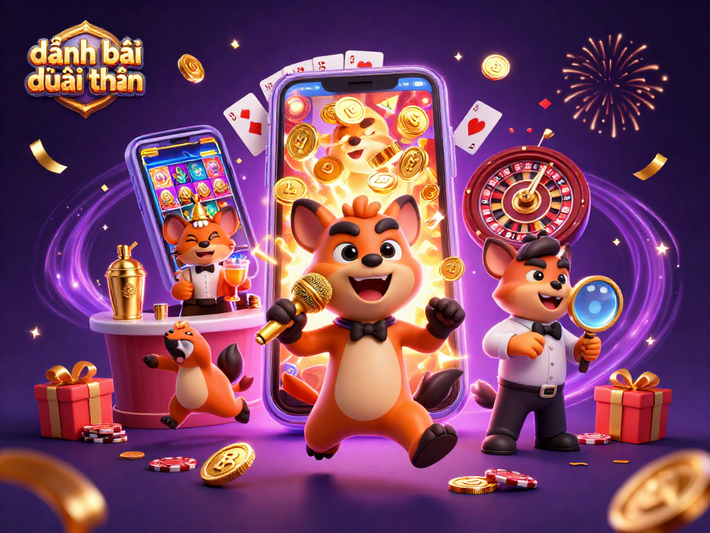 Engage in đánh bài đổi thưởng with a vibrant hyena comedy casino scene featuring colorful games.