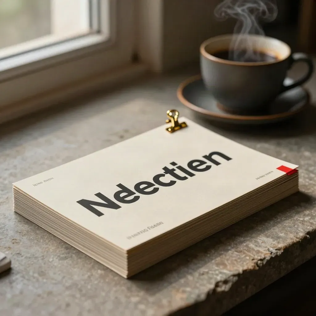 Overhead stack of three cards, coffee cup, brass clip, and steam on warm stone.