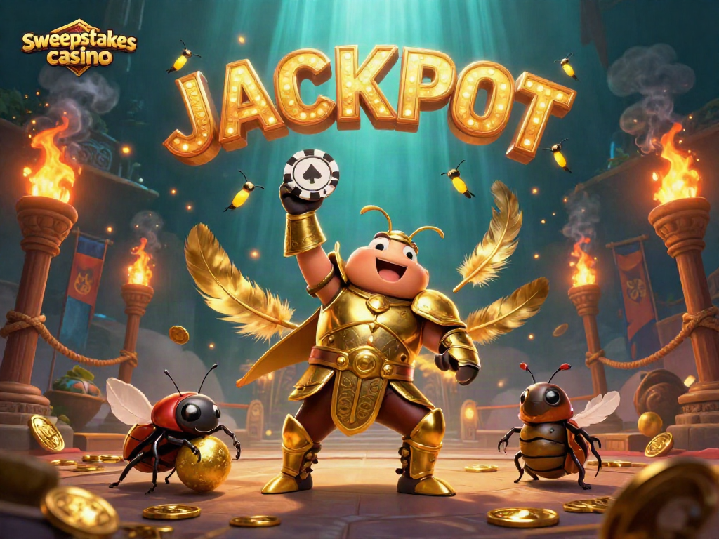 Win big with sweepstakes casino featuring 3D characters celebrating a jackpot.