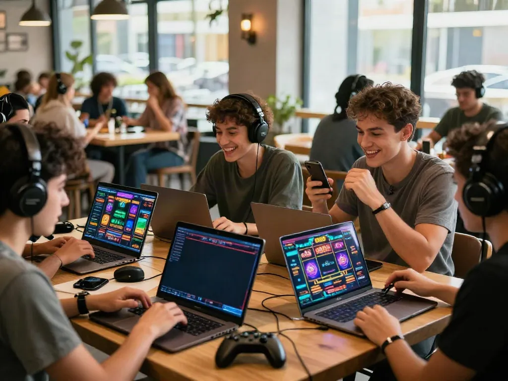 Players engaging with DA88 Casino at a modern café, showcasing excitement and vibrant gaming.