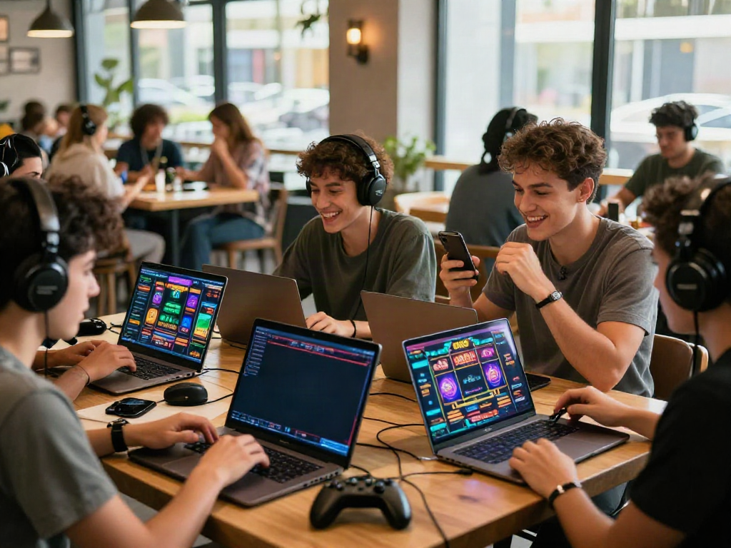 Players engaging with DA88 Casino at a modern café, showcasing excitement and vibrant gaming.