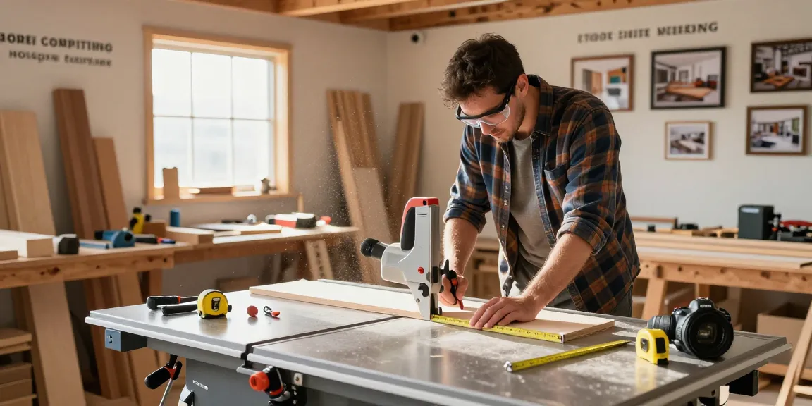 Craftsman using a chop saw table saw combo in a well-lit workshop, showcasing woodwork precision.