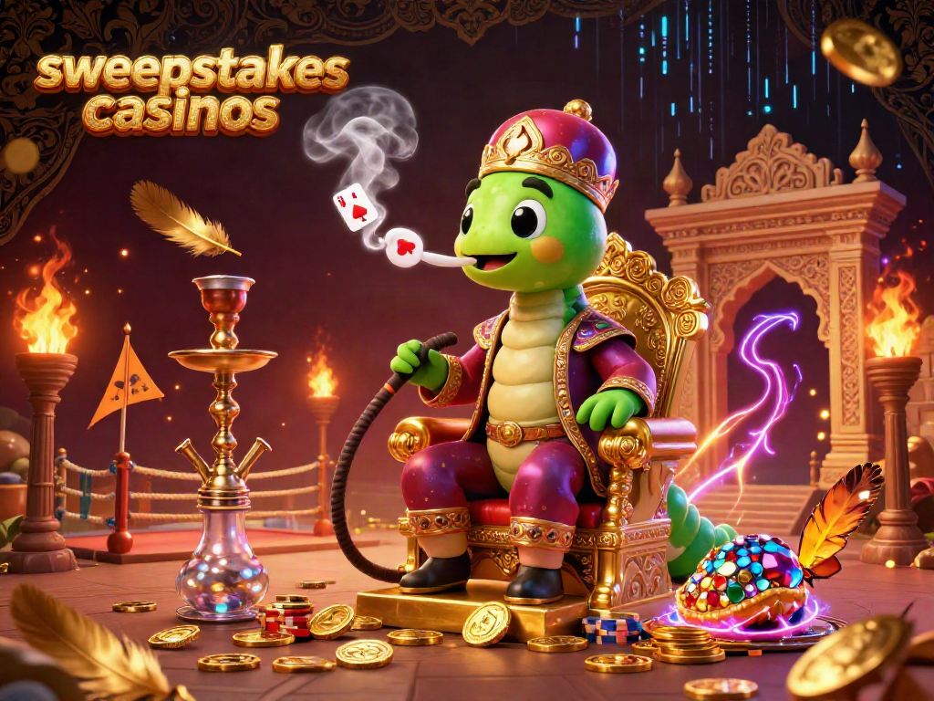 sweepstakes casinos feature a 3D caterpillar hookah-master surrounded by poker symbols and vibrant casino elements.